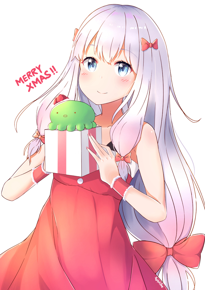 1girl bangs bare_shoulders blue_eyes blush bow box closed_mouth commentary dress eromanga_sensei eyebrows_visible_through_hair gift gift_box hair_bow holding holding_gift izumi_sagiri long_hair merry_christmas red_bow red_dress sidelocks silver_hair simple_background sleeveless sleeveless_dress smile solo stuffed_animal stuffed_octopus stuffed_toy sylphine symbol_commentary very_long_hair white_background wrist_cuffs