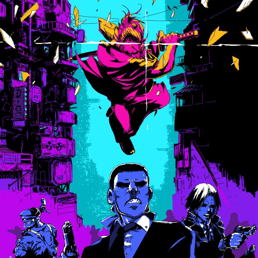 4boys black_hair city clenched_teeth closed_mouth covered_eyes cyberpunk dave_zhang formal gun hat holding holding_gun holding_sword holding_weapon katana katana_zero multiple_boys necktie neon_lights official_art open_mouth ponytail shaded_face short_hair suit sword teeth weapon wrench zero_(katana_zero)