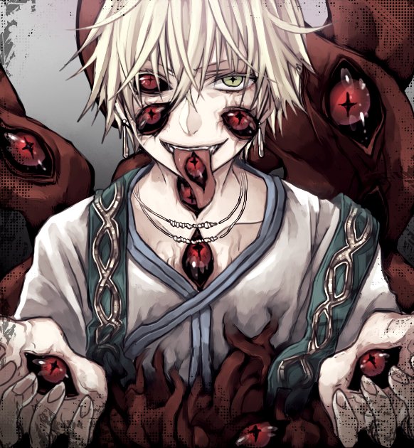 1boy blonde_hair demon_pillar_(fate/grand_order) earrings evil_smile extra_eyes fate/grand_order fate_(series) green_eyes jason_(fate/grand_order) jewelry male_focus necklace open_mouth outstretched_arms possessed short_hair smile solo