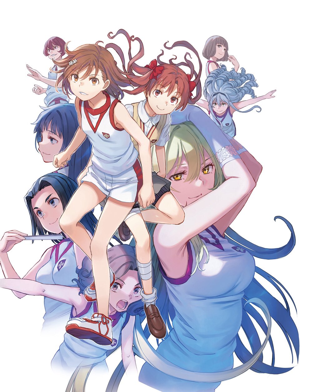 6+girls arms_up astral_buddy awatsuki_maaya bangs black_hair blonde_hair blu-ray_cover blue_eyes bow breasts brown_eyes brown_hair closed_mouth cover drill_hair elbow_gloves fading fan folding_fan fuyukawa_motoi gloves gym_uniform hair_between_eyes hair_bow hair_ornament hair_ribbon highres hokaze_junko kirifu_megumi kobayashi_satori kongou_mitsuko lace lace-trimmed_gloves large_breasts long_hair looking_at_viewer medium_breasts misaka_mikoto multiple_girls official_art open_mouth orange_eyes ribbon school_uniform shirai_kuroko shokuhou_misaki short_hair silver_hair simple_background sleeveless smile spider_web_print to_aru_kagaku_no_railgun to_aru_majutsu_no_index tokiwadai_school_uniform twintails wannai_kinuho white_background