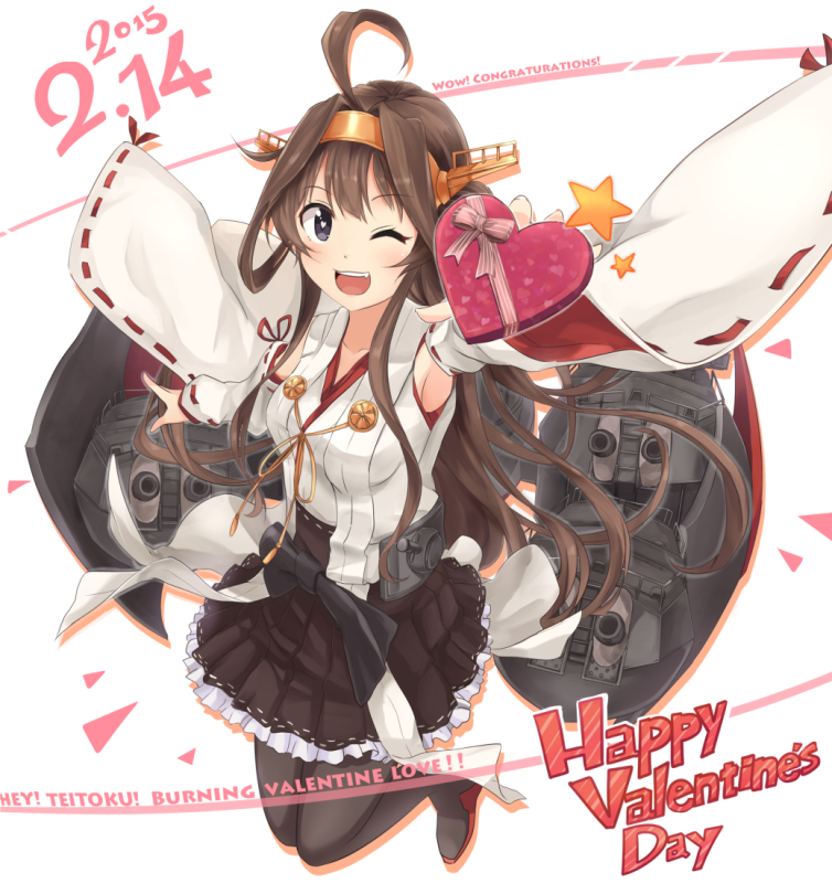 1girl ;d ahoge armpits box brown_eyes brown_hair collarbone dated detached_sleeves double_bun fang gift gift_box heart-shaped_box ido_(teketeke) jumping kantai_collection kongou_(kantai_collection) long_hair looking_at_viewer machinery nontraditional_miko one_eye_closed open_mouth pleated_skirt ribbon-trimmed_sleeves ribbon_trim simple_background skirt smile solo thigh-highs turret valentine white_background