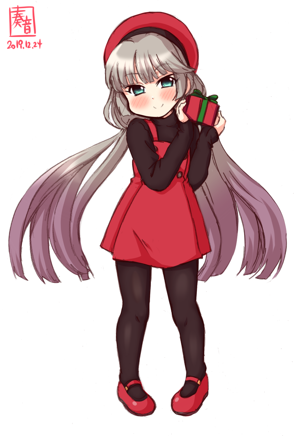 1girl alternate_costume artist_logo beret black_legwear black_sweater box commentary_request dated dress gift gift_box green_eyes grey_hair hat highres kanon_(kurogane_knights) kantai_collection long_hair looking_at_viewer low_twintails mikura_(kantai_collection) overalls pantyhose pinafore_dress red_dress red_headwear red_overalls simple_background smile solo sweater twintails white_background