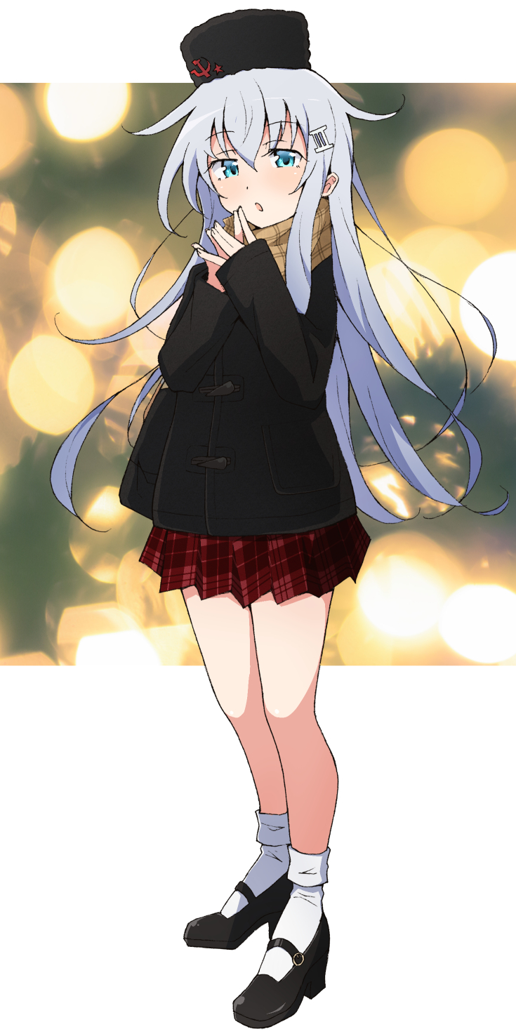 1girl alternate_costume black_coat black_footwear black_headwear blue_eyes blush brown_scarf coat commentary_request eyebrows_visible_through_hair hair_between_eyes hammer_and_sickle hibiki_(kantai_collection) high_heels highres kantai_collection long_hair long_sleeves looking_at_viewer nel-c open_mouth plaid plaid_skirt pleated_skirt red_skirt scarf silver_hair skirt socks solo white_legwear