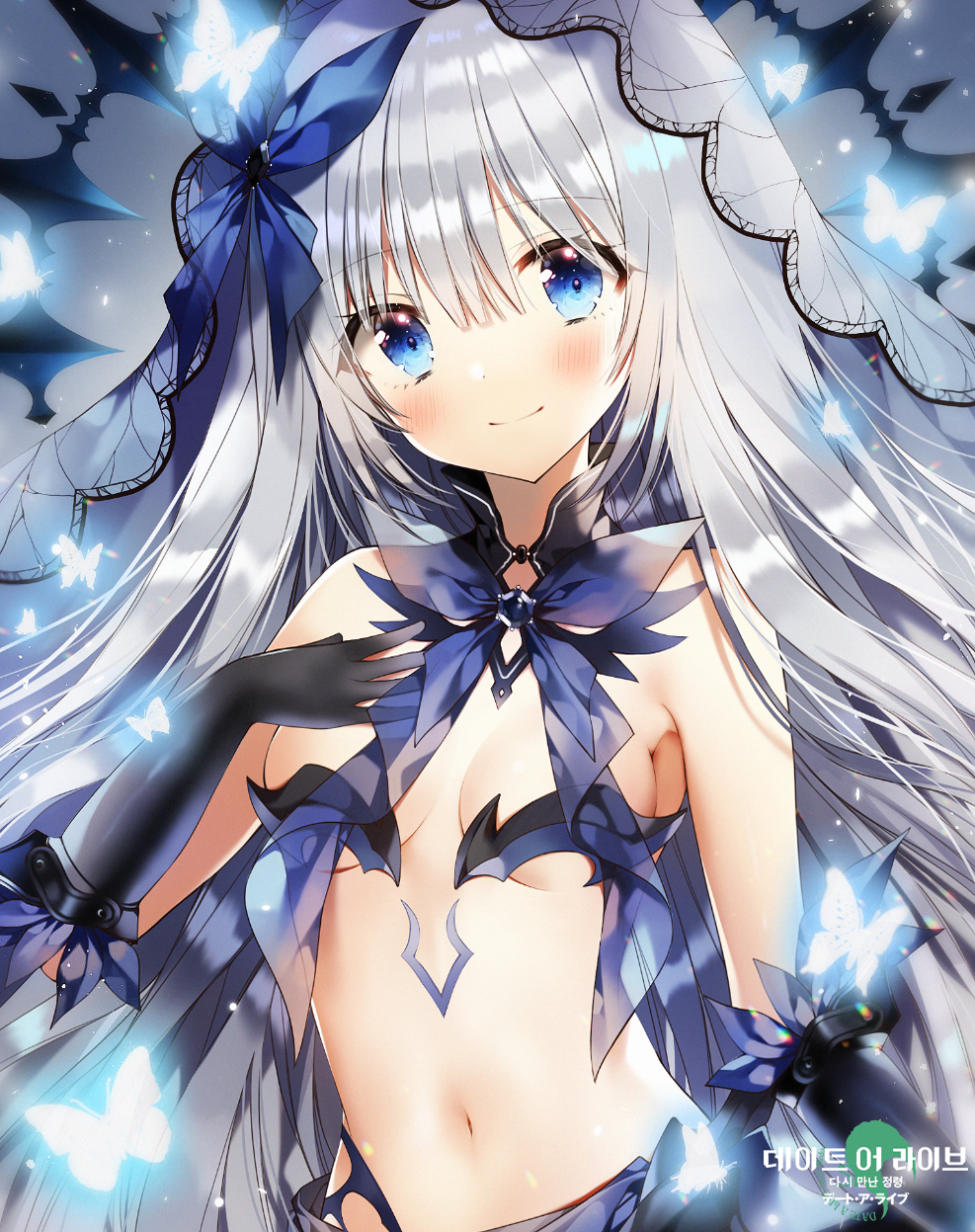 1girl bare_shoulders black_gloves blue_eyes blush breasts breasts_apart bug butterfly closed_mouth date_a_live gloves highres insect long_hair looking_at_viewer navel revealing_clothes silver_hair small_breasts smile solo stomach tobiichi_origami upper_body veil very_long_hair weri