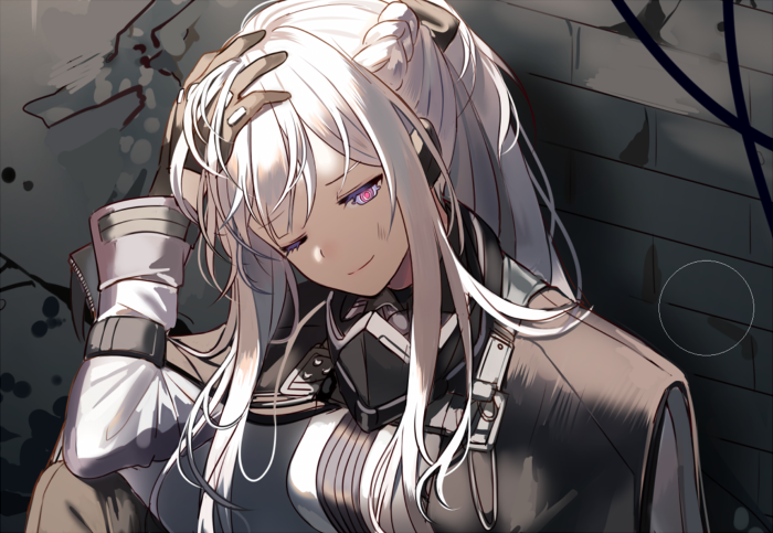 1girl ;) ak-12_(girls_frontline) bangs braid breasts cloak closed_mouth elbow_on_knee gas_mask girls_frontline gloves hand_on_own_head head_tilt headset jacket long_hair long_sleeves looking_at_viewer medium_breasts one_eye_closed ribbon sidelocks silence_girl silver_hair sitting smile violet_eyes