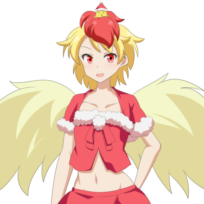 1girl alternate_costume animal animal_on_head arms_behind_back bird bird_on_head bird_wings blonde_hair cato_(monocatienus) chick christmas collarbone commentary contrapposto crop_top eyebrows_visible_through_hair fur-trimmed_shirt fur-trimmed_sleeves fur_trim looking_at_viewer lowleg_skirt midriff multicolored_hair navel niwatari_kutaka on_head open_mouth red_eyes red_skirt redhead short_hair short_sleeves simple_background skirt solo standing touhou two-tone_hair upper_body white_background wings