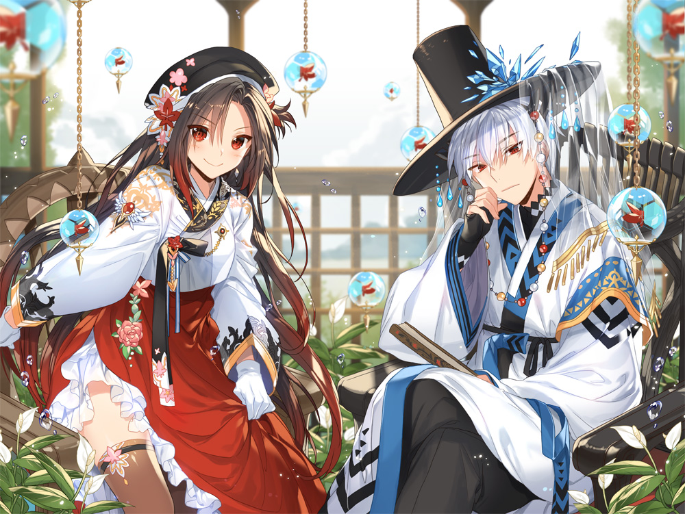 1boy 1girl anthurium armchair bangs beads black_gloves black_headwear black_pants blush brown_legwear chain chair chin_strap closed_fan closed_mouth crossed_legs crystal curious day empew fan feet_out_of_frame fingerless_gloves flower folding_fan frills gem glass gloves gradient_hair hair_ornament hanbok happy haru_(soccer_spirits) hat hat_ornament korean_clothes long_hair long_sleeves looking_at_viewer multicolored_hair one_side_up pants parted_bangs plant railing red_eyes red_flower redhead see-through sharr_(soccer_spirits) sitting skirt_hold smile soccer_spirits sphere thigh-highs two-tone_hair undershirt veil very_long_hair water_drop white_flower white_gloves white_hair wide_sleeves