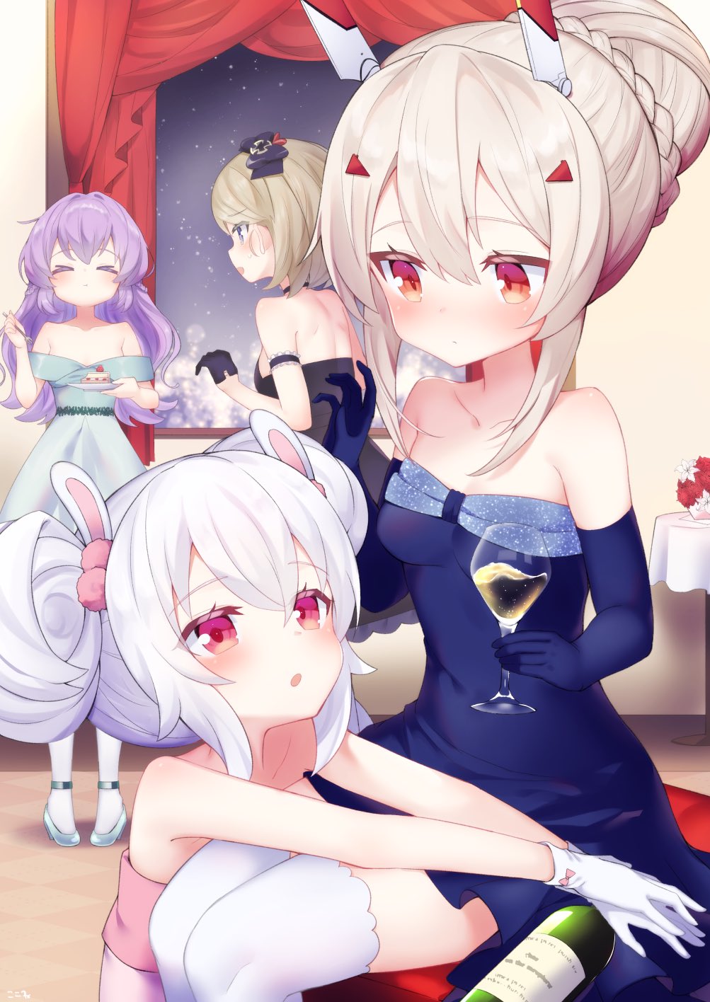 &gt;_&lt; 4girls :o :t animal_ears ayanami_(azur_lane) azur_lane bangs bare_shoulders black_bow black_dress blue_dress blue_footwear blue_gloves blush bottle bow braid breasts cake closed_eyes closed_mouth collarbone commentary_request cup curtains double_bun dress drink drinking_glass eating elbow_gloves eyebrows_visible_through_hair flower food fork gloves hair_between_eyes hair_bow hair_bun hair_ornament hairclip headgear high_heels highres holding holding_cup holding_fork holding_saucer indoors iron_cross javelin_(azur_lane) koko_ne_(user_fpm6842) laffey_(azur_lane) light_brown_hair long_hair multiple_girls open_mouth parted_lips pigeon-toed pink_dress purple_hair rabbit_ears red_eyes red_flower shoes sitting slice_of_cake small_breasts standing strapless strapless_dress thigh-highs very_long_hair white_dress white_flower white_gloves white_hair white_legwear window z23_(azur_lane)