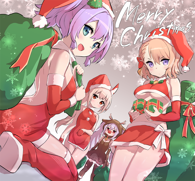 4girls animal_costume ayanami_(azur_lane) azur_lane backless_dress backless_outfit bare_shoulders blonde_hair blue_eyes boots bow box breasts bridal_gauntlets christmas commentary_request crop_top detached_sleeves dress gift gift_box gloves hair_bow hat holding holding_gift holding_sack hori_(hori_no_su) javelin_(azur_lane) laffey_(azur_lane) large_breasts lavender_hair long_hair long_sleeves looking_at_viewer medium_breasts merry_christmas midriff miniskirt multiple_girls ponytail red_dress red_eyes red_footwear red_gloves red_headwear red_shirt red_skirt reindeer_costume sack santa_costume santa_dress santa_hat shirt short_hair side_slit skirt sleeveless sleeveless_dress sleeveless_shirt snowflakes thigh-highs thigh_boots thighs twintails under_boob v-shaped_eyebrows violet_eyes z23_(azur_lane)