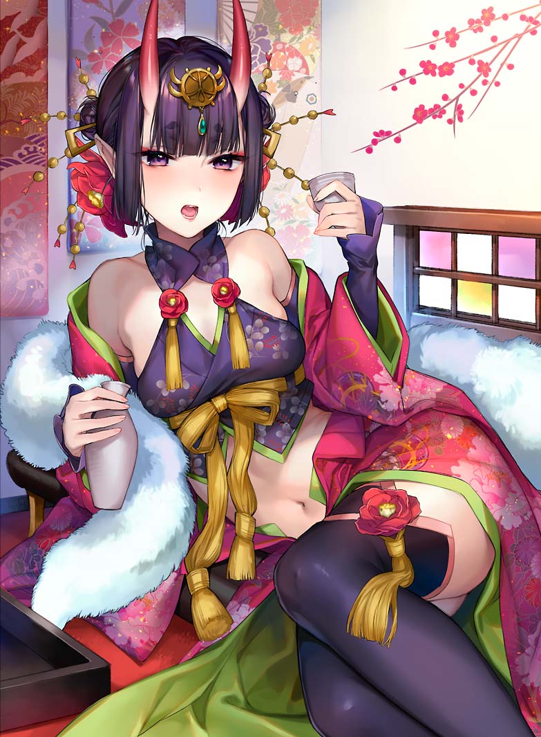 1girl bottle branch camellia cherry_blossoms cup fate/grand_order fate_(series) flower hair_flower hair_ornament hanging_scroll holding holding_bottle holding_cup kaguyuzu lolita_fashion midriff navel off_shoulder oni_horns open_mouth reclining sakazuki scroll short_eyebrows shuten_douji_(fate/grand_order) stole thigh-highs tokkuri violet_eyes wa_lolita