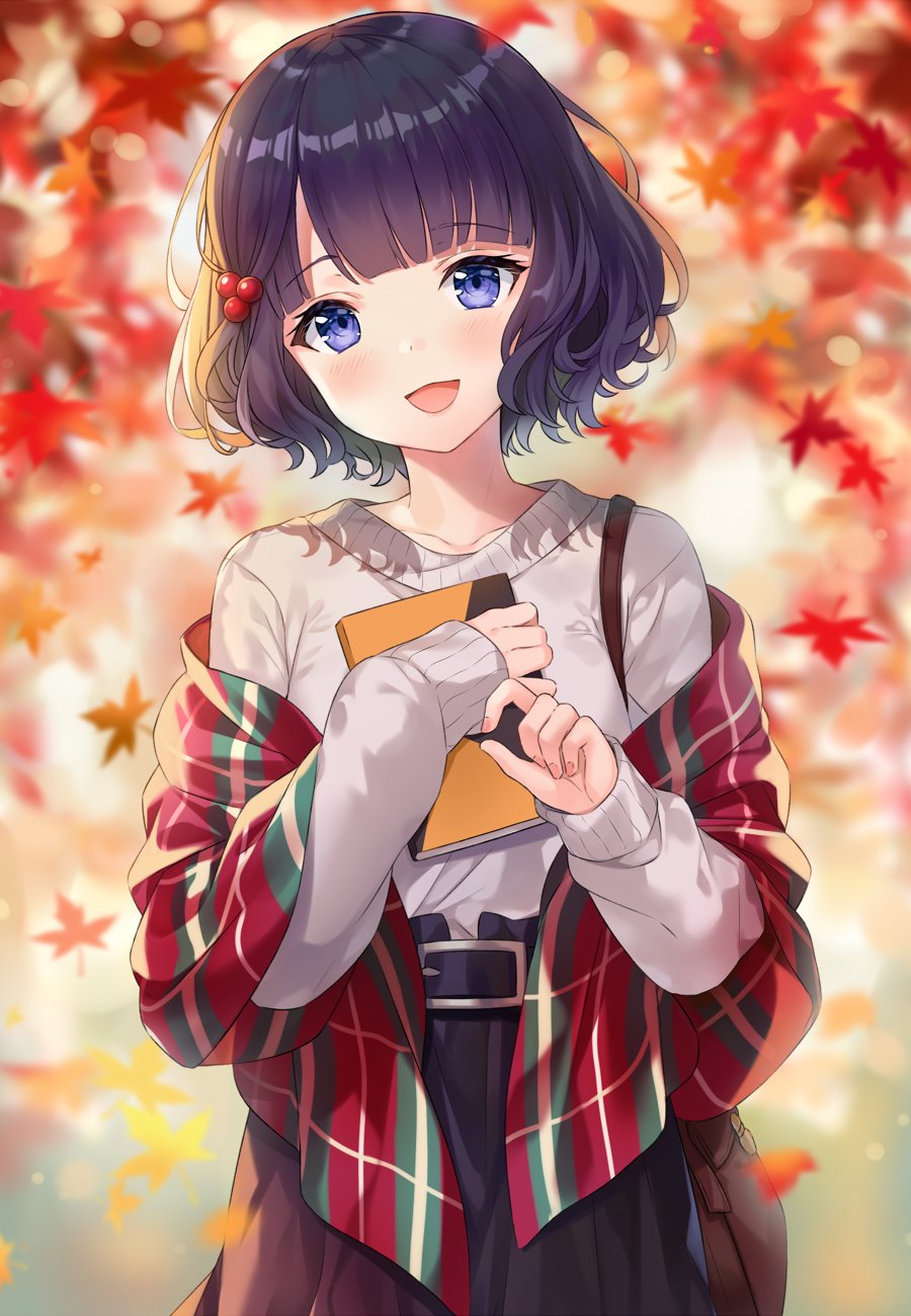 1girl :d artist_name autumn_leaves bag black_skirt blue_eyes blurry blurry_background blush collarbone commentary depth_of_field fate/grand_order fate_(series) grey_shirt hair_bobbles hair_ornament hands_up head_tilt highres hitsukuya katsushika_hokusai_(fate/grand_order) leaf long_sleeves looking_at_viewer maple_leaf open_mouth plaid purple_hair revision shawl shirt short_hair shoulder_bag signature skirt sleeves_past_wrists smile solo symbol_commentary