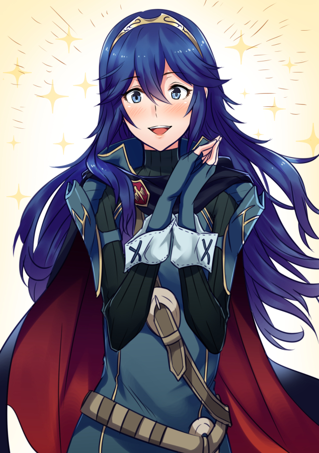 1girl ameno_(a_meno0) belt black_sweater blue_cape blue_eyes blue_gloves blue_hair blush breastplate buckle cape commentary_request eyebrows_visible_through_hair fingerless_gloves fire_emblem fire_emblem_awakening floating_hair gloves hair_between_eyes hair_ornament lips long_hair looking_at_viewer lucina lucina_(fire_emblem) multicolored multicolored_cape multicolored_clothes open_mouth red_cape ribbed_sweater shoulder_armor simple_background smile solo sweater teeth tiara turtleneck turtleneck_sweater