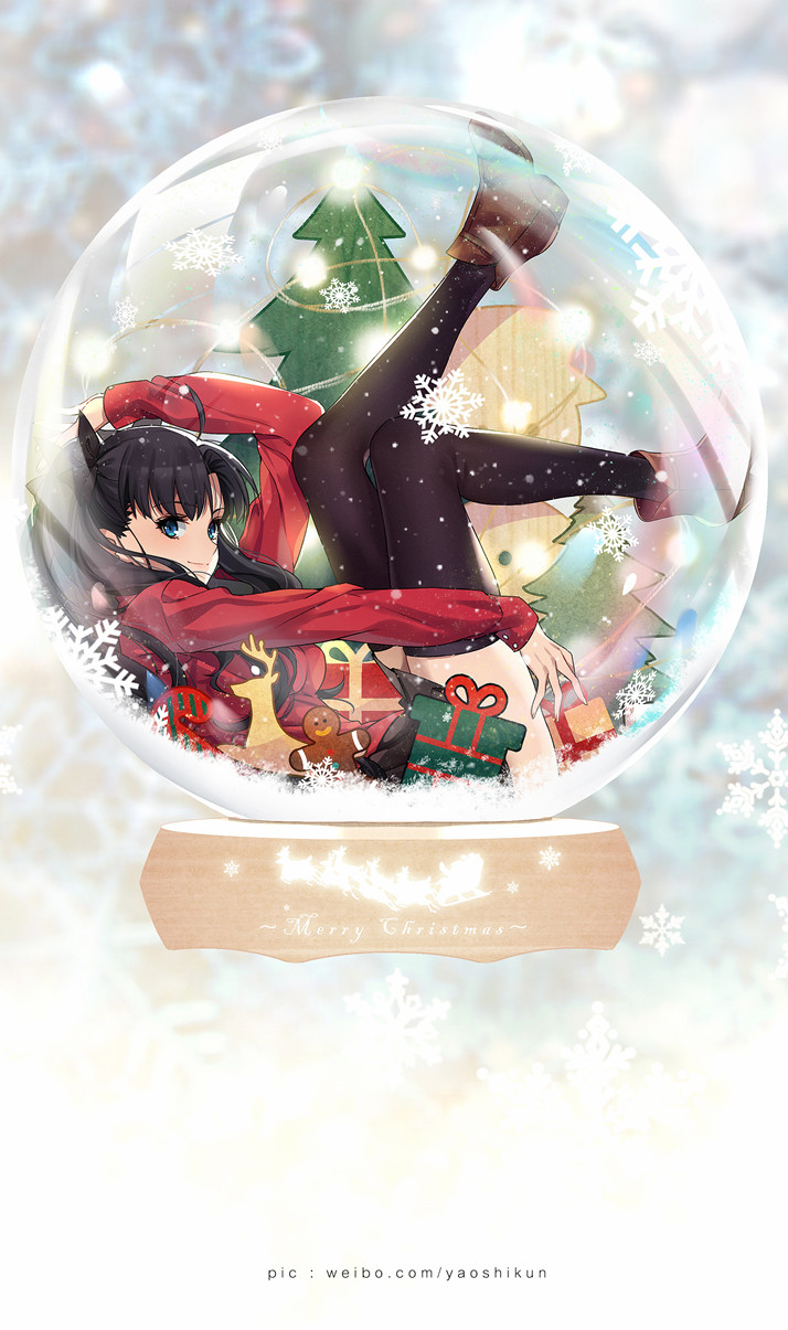 1girl ahoge ankle_boots arm_up bangs black_bow black_hair black_skirt blue_eyes blurry blurry_background boots bow box breasts brown_footwear christmas_tree closed_mouth depth_of_field eyebrows_visible_through_hair fate/stay_night fate_(series) from_side gift gift_box gingerbread_man hair_bow highres legs_up long_hair long_sleeves looking_at_viewer looking_to_the_side lying medium_breasts miniskirt on_back pleated_skirt red_sweater skirt smile snow_globe snowflakes solo sweater thigh-highs toosaka_rin two_side_up very_long_hair yaoshi_jun