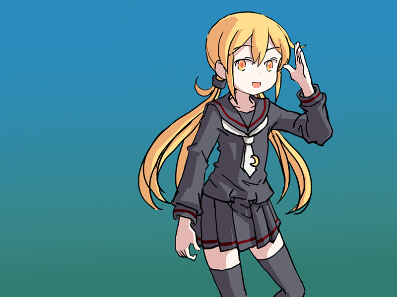 1girl adrian_ferrer black_legwear black_serafuku blonde_hair blue_background commentary cowboy_shot crescent crescent_moon_pin english_commentary gradient gradient_background kantai_collection long_hair looking_at_viewer low_twintails necktie satsuki_(kantai_collection) school_uniform serafuku solo standing thigh-highs twintails white_neckwear yellow_eyes