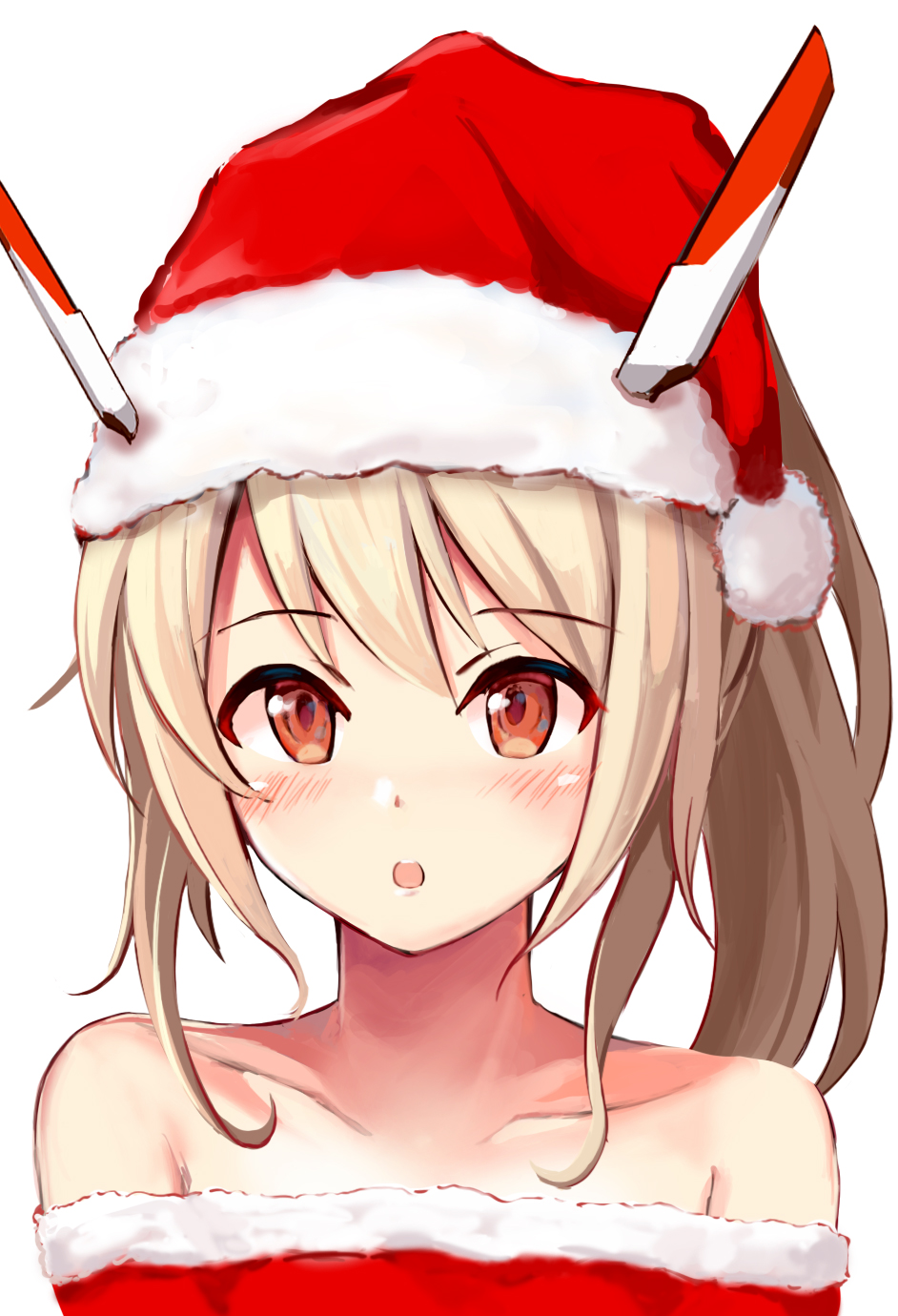 1girl :o ayanami_(azur_lane) azur_lane bangs bare_shoulders blush brown_eyes christmas collarbone commentary_request dress eyebrows_visible_through_hair fur-trimmed_dress fur-trimmed_hat hair_between_eyes hat headgear highres kuroganeruto light_brown_hair long_hair off-shoulder_dress off_shoulder parted_lips ponytail red_dress red_headwear santa_costume santa_hat sidelocks simple_background solo upper_body upper_teeth white_background