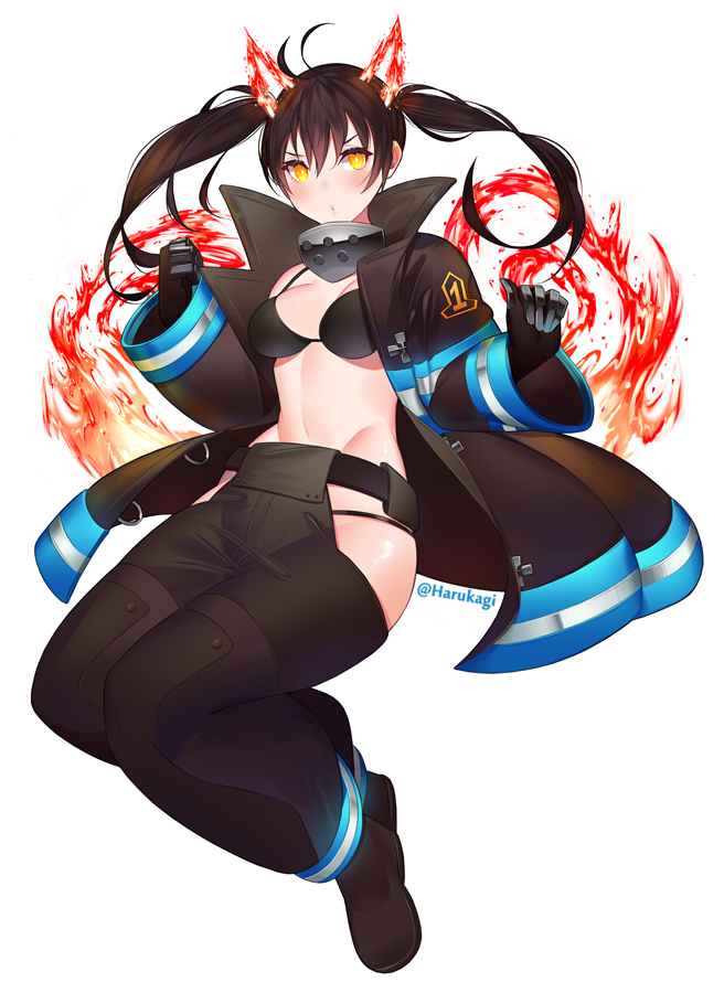 1girl :o baggy_pants bangs bikini black_bikini black_bikini_top black_coat black_footwear black_gloves black_hair breasts clenched_hand coat collar commentary_request en'en_no_shouboutai fiery_ears fiery_tail fire firefighter full_body gloves grey_pants groin harukagi hip_vent looking_at_viewer medium_breasts midriff navel open_clothes open_coat pants sidelocks simple_background solo swimsuit tail tamaki_kotatsu twintails twitter_username white_background yellow_eyes