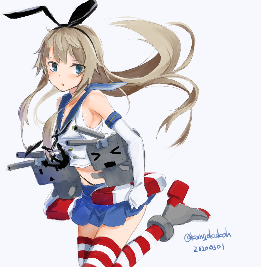 1girl 2others anchor_hair_ornament black_hairband black_neckwear black_panties blonde_hair blue_sailor_collar blue_skirt cowboy_shot crop_top dated elbow_gloves gloves grey_eyes hair_ornament hairband highleg highleg_panties kangoku_kou kantai_collection long_hair microskirt miniskirt multiple_others neckerchief panties pleated_skirt rensouhou-chan sailor_collar shimakaze_(kantai_collection) simple_background skirt striped striped_legwear thigh-highs twitter_username underwear white_background white_gloves