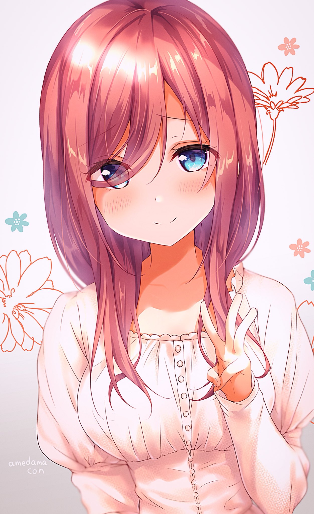 1girl amedamacon bangs blush brown_hair closed_mouth collarbone commentary_request dress eyebrows_visible_through_hair eyes_visible_through_hair floral_background go-toubun_no_hanayome gradient gradient_background grey_background hair_over_one_eye hand_up highres juliet_sleeves long_hair long_sleeves looking_at_viewer nakano_miku puffy_sleeves smile solo upper_body v white_dress