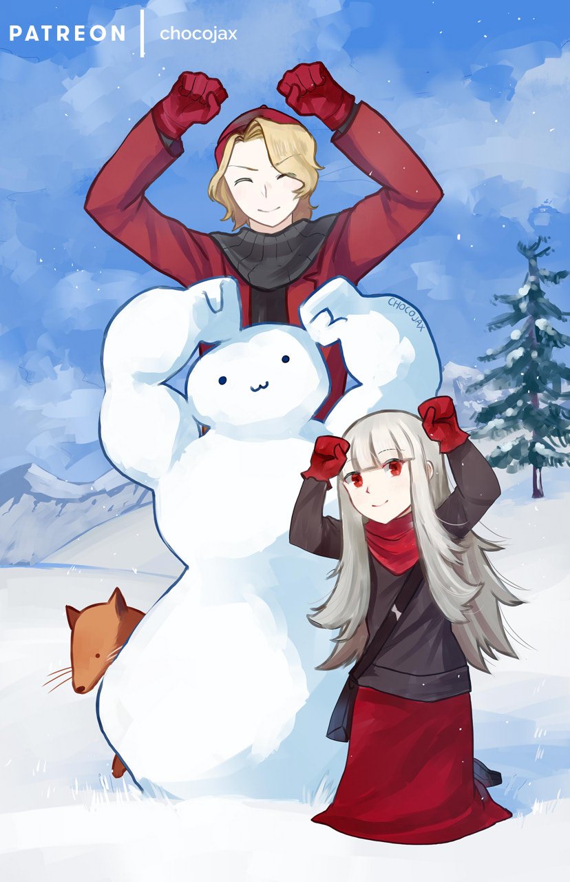 1boy 1girl alternate_costume arms_up artist_name bag blonde_hair blue_sky chocojax closed_eyes closed_mouth fire_emblem fire_emblem_fates fire_emblem_heroes gloves grey_hair handbag hat highres long_hair long_sleeves mittens outdoors red_eyes red_gloves red_headwear red_mittens short_hair sky smile snow snowing snowman tree veronica_(fire_emblem) xander_(fire_emblem)