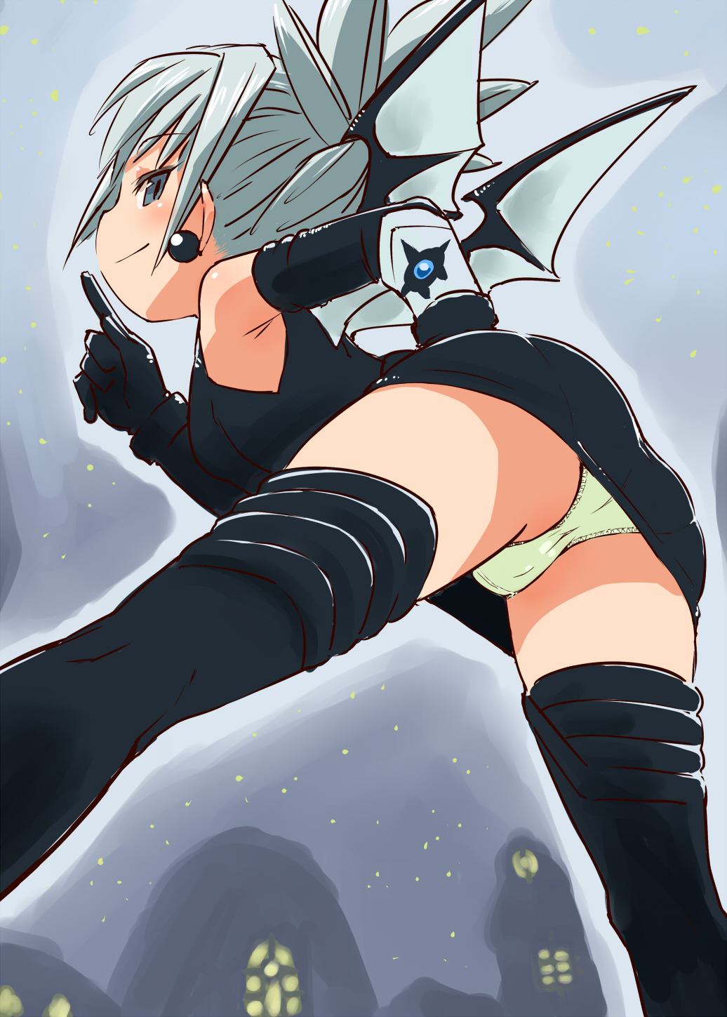 1girl ass bat_wings black_dress black_earrings black_gloves black_legwear black_wings closed_mouth dress elbow_gloves finger_to_mouth from_behind gloves grey_eyes grey_hair hamahara_yoshio hand_on_hip highres komori_aimi leaning_forward looking_at_viewer looking_down microdress night night_sky panties shadow_lady short_hair shushing sky sleeveless sleeveless_dress smile solo standing star_(sky) starry_sky thigh-highs underwear upskirt white_panties wings