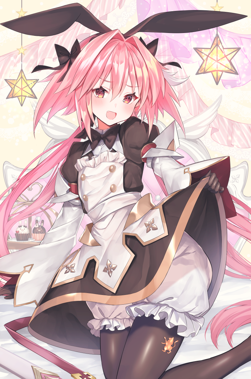 1boy astolfo_(fate) astolfo_(saber)_(fate) bangs black_bow black_gloves black_legwear black_ribbon blush bow bowtie commentary_request fate/grand_order fate_(series) gloves hair_between_eyes hair_bow hair_intakes hair_ribbon highres long_hair long_sleeves looking_at_viewer multicolored_hair otoko_no_ko pantyhose pink_hair red_eyes ribbon smile solo streaked_hair suzuho_hotaru twintails white_hair