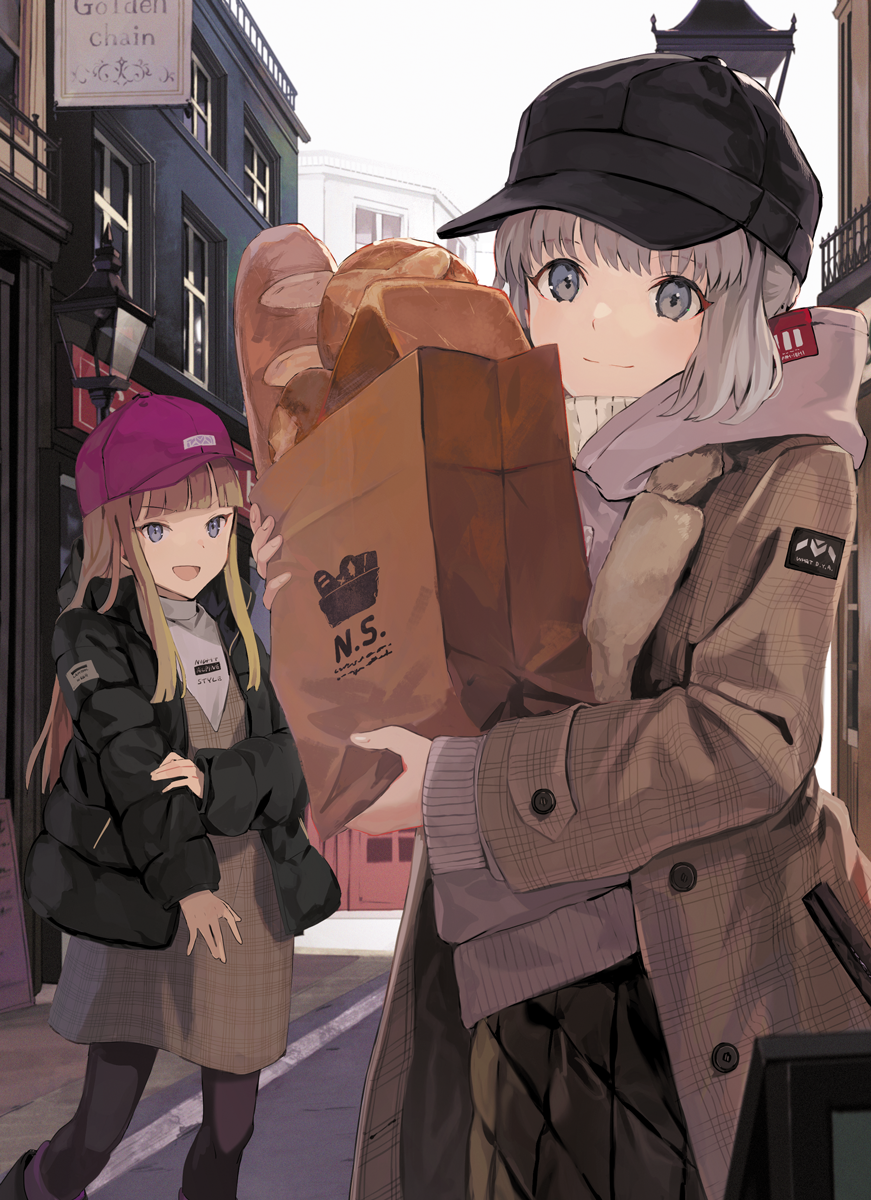 2girls alternate_costume bangs baseball_cap black_headwear black_jacket black_legwear blonde_hair blue_eyes bread brown_dress brown_jacket building commentary_request dress eyebrows_visible_through_hair fate_(series) food gray_(lord_el-melloi_ii) grey_eyes grey_hair hat highres holding jacket lamp long_sleeves looking_at_viewer lord_el-melloi_ii_case_files mocha_(mokaapolka) multiple_girls outdoors pantyhose pink_headwear reines_el-melloi_archisorte smile whtie_shirt