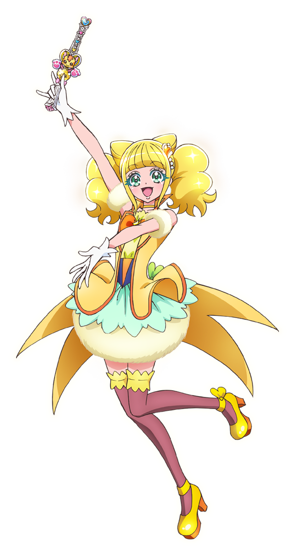 1girl :d aqua_skirt arm_up artist_request bangs blonde_hair blunt_bangs bow brown_legwear bubble_skirt choker colored_eyelashes cure_sparkle double_bun eyelashes gloves green_eyes hair_ornament healin'_good_precure heart heart_hair_ornament hiramitsu_hinata holding holding_wand layered_skirt looking_at_viewer magical_girl official_art open_mouth orange_bow precure shoes short_hair skirt smile solo standing standing_on_one_leg thigh-highs twintails vest wand white_gloves yellow_footwear yellow_neckwear yellow_skirt yellow_vest zettai_ryouiki