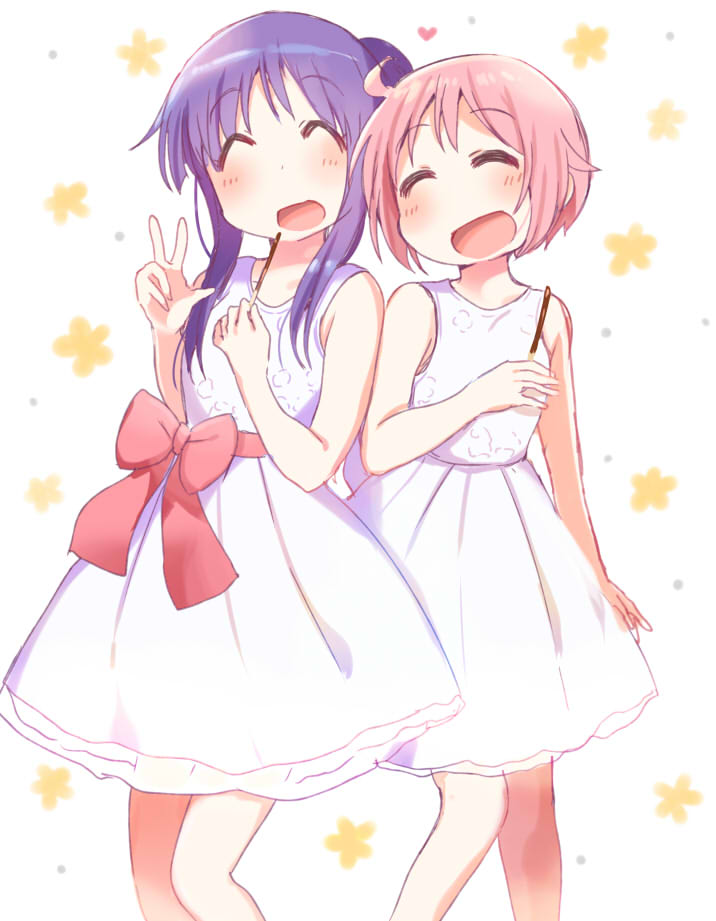 2girls :d ahoge bangs blush closed_eyes commentary_request dress eyebrows_visible_through_hair food hair_bun hand_up hands_up heart hinata_yukari long_hair multiple_girls nonohara_yuzuko open_mouth pink_hair pocky purple_hair red_ribbon ribbon short_hair simple_background sleeveless smile standing star tatsunokosso v white_background white_dress yuyushiki