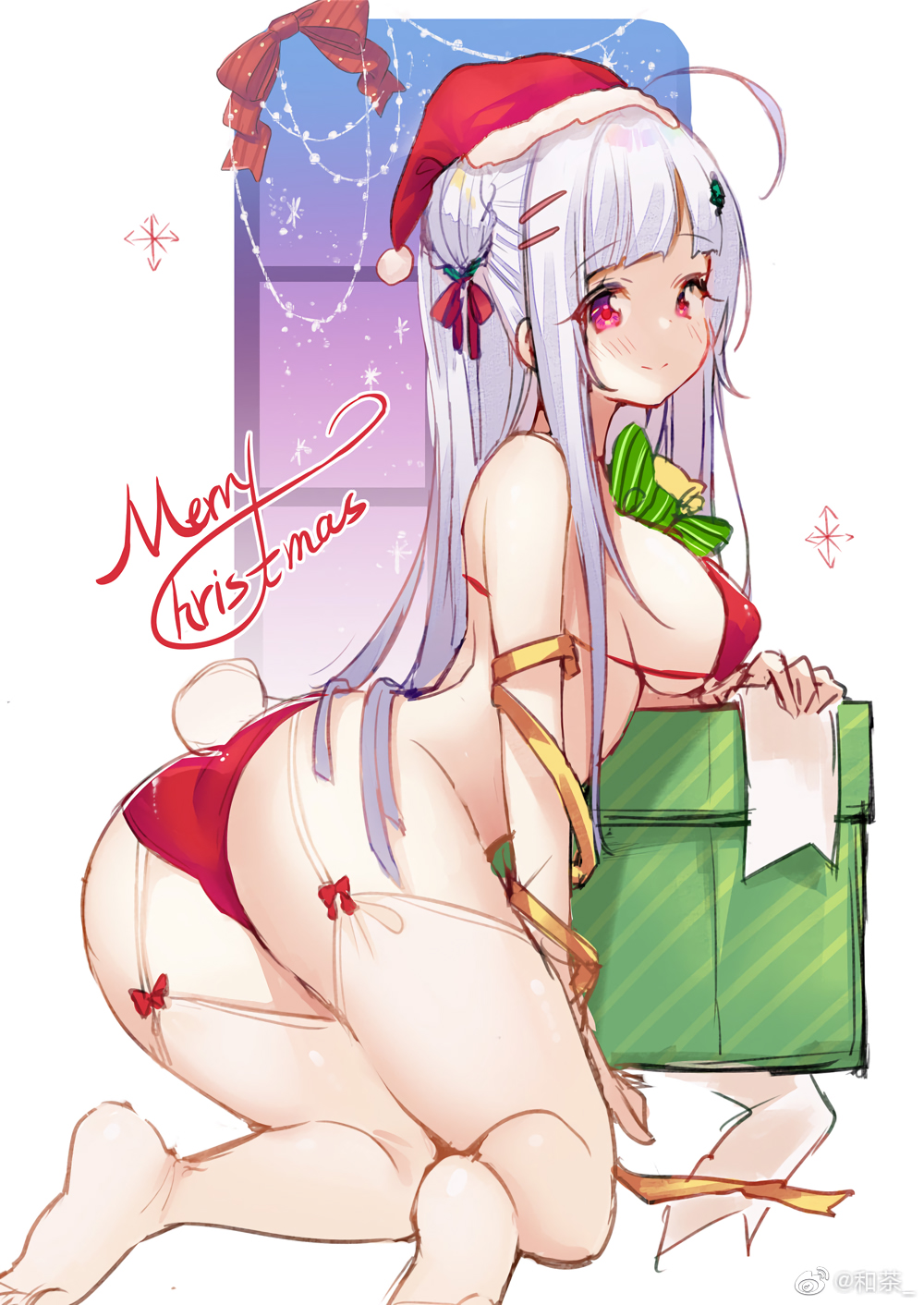 1girl arched_back ass azur_lane bikini breasts bunny_tail christmas cygnet_(azur_lane) eyebrows_visible_through_hair from_side garter_straps hat hecha_(swy1996228) highres kneeling large_breasts looking_at_viewer merry_christmas pink_eyes red_bikini santa_hat sideboob sidelocks silver_hair smile solo swimsuit tail thigh-highs weibo_username white_legwear