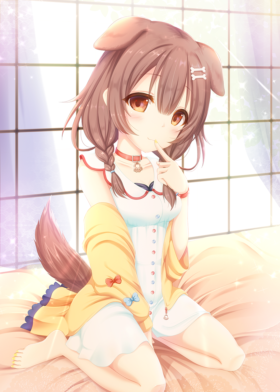 1girl animal_ears bangs bed_sheet blue_bow blush bone_hair_ornament bow braid breasts brown_eyes brown_hair cartoon_bone closed_mouth commentary_request dog_ears dog_girl dog_tail dress eyebrows_visible_through_hair finger_to_mouth hair_between_eyes hair_over_shoulder head_tilt highres hololive inugami_korone jacket long_hair looking_at_viewer nail_polish off_shoulder open_clothes open_jacket red_bow sakuraizumi_yuu sitting sleeveless sleeveless_dress small_breasts smile solo tail toenail_polish twin_braids virtual_youtuber wariza white_dress yellow_jacket yellow_nails