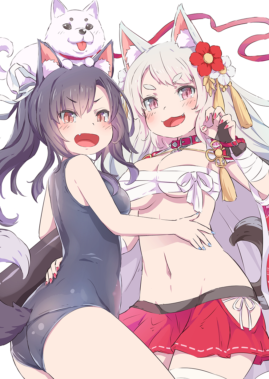 2girls :d animal animal_ear_fluff animal_ears animal_on_head ass azur_lane blue_nails blush breasts dog eyebrows eyebrows_visible_through_hair fang flower hair_flower hair_ornament highres long_hair looking_at_viewer medium_breasts multiple_girls nail_polish navel on_head one-piece_swimsuit open_mouth orange_eyes pink_eyes red_nails revision sarashi shigure_(azur_lane) simple_background slit_pupils smile swimsuit symbol_commentary tail tayuura_(kuwo) under_boob white_background yuudachi_(azur_lane)