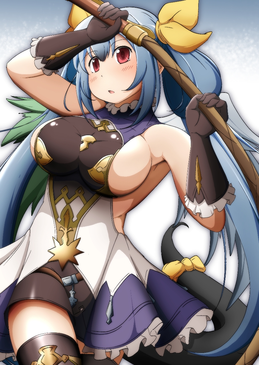 1girl asymmetrical_wings black_gloves black_legwear blue_hair blush breasts commentary_request cosplay_request dizzy dress gloves guilty_gear hair_ribbon hair_rings holding holding_weapon impossible_clothes impossible_dress large_breasts mirano no_bra red_eyes ribbon sideboob solo tail tail_ribbon thigh-highs twintails weapon wings yellow_ribbon zettai_ryouiki