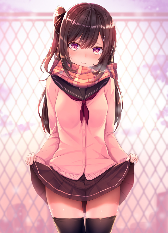 1girl backlighting bangs black_legwear black_neckwear black_skirt blue_sky blurry blurry_background blush brown_eyes brown_hair brown_scarf cardigan chain-link_fence closed_mouth clouds cloudy_sky commentary cowboy_shot day depth_of_field fence fringe_trim hair_ornament haruka_natsuki lifted_by_self light_frown long_hair long_sleeves looking_at_viewer miniskirt neckerchief one_side_up original outdoors pink_sweater plaid plaid_scarf pleated_skirt scarf school_uniform serafuku single_horizontal_stripe skirt skirt_lift sky solo standing sweater thigh-highs x_hair_ornament