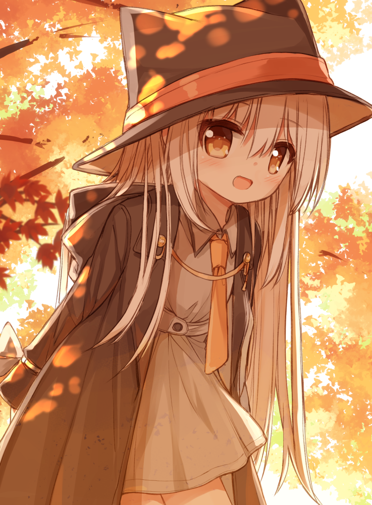 1girl :d animal_ears animal_hat arms_behind_back autumn_leaves bangs black_headwear black_jacket blush brown_eyes collared_dress dress eyebrows_visible_through_hair fake_animal_ears grey_dress grey_hair hair_between_eyes hat hood hood_down hooded_jacket jacket leaf leaning_forward long_hair long_sleeves looking_at_viewer maple_leaf open_clothes open_jacket open_mouth orange_neckwear original smile solo tree_branch very_long_hair yuuhagi_(amaretto-no-natsu)