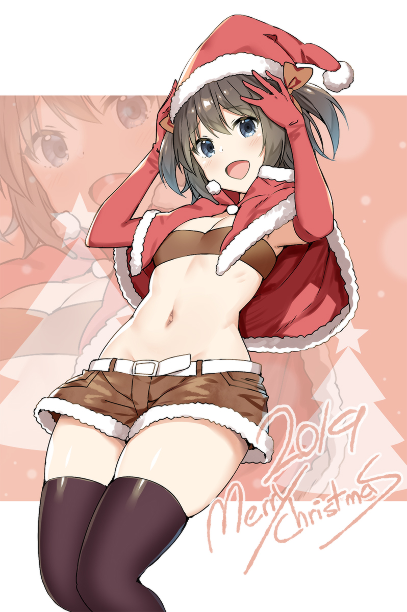 1girl :d armpits arms_up bandeau bangs belt belt_buckle black_hair black_legwear blue_eyes blush breasts brown_shorts buckle capelet christmas commentary elbow_gloves english_commentary eyebrows_visible_through_hair fur-trimmed_capelet fur-trimmed_hat fur-trimmed_shorts fur_trim gloves hair_between_eyes hat highres looking_at_viewer merry_christmas midriff navel open_mouth original red_capelet red_gloves red_headwear revision santa_costume santa_hat short_hair short_shorts shorts skindentation sky_(freedom) sky_(sky-freedom) small_breasts smile solo stomach thigh-highs thighs two_side_up white_belt zoom_layer