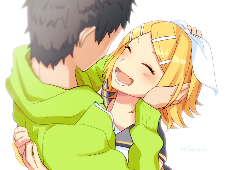 1boy 1girl arms_around_back artist_name bangs black_collar black_hair blonde_hair bloom bow collar commentary facing_another fang green_hoodie hair_bow hair_ornament hairclip hand_on_another's_head happy hood hoodie kagamine_rin master_(vocaloid) nail_polish nokuhashi open_mouth sailor_collar shirt short_hair smile swept_bangs vocaloid white_background white_bow white_shirt yellow_nails