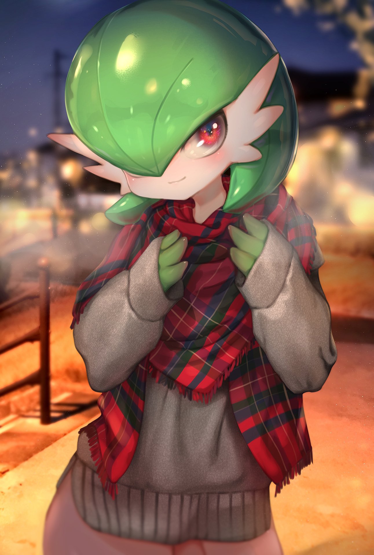 1girl alternate_costume blurry blurry_background blush city_lights clothed_pokemon depth_of_field flat_chest gardevoir gen_3_pokemon green_hair hair_over_one_eye happy highres kashu_(hizake) long_sleeves looking_at_viewer night night_sky no_humans outdoors pavement pink_skirt plaid plaid_scarf pokemon pokemon_(creature) red_eyes scarf short_hair skirt sky smile solo sweater white_skin winter_clothes