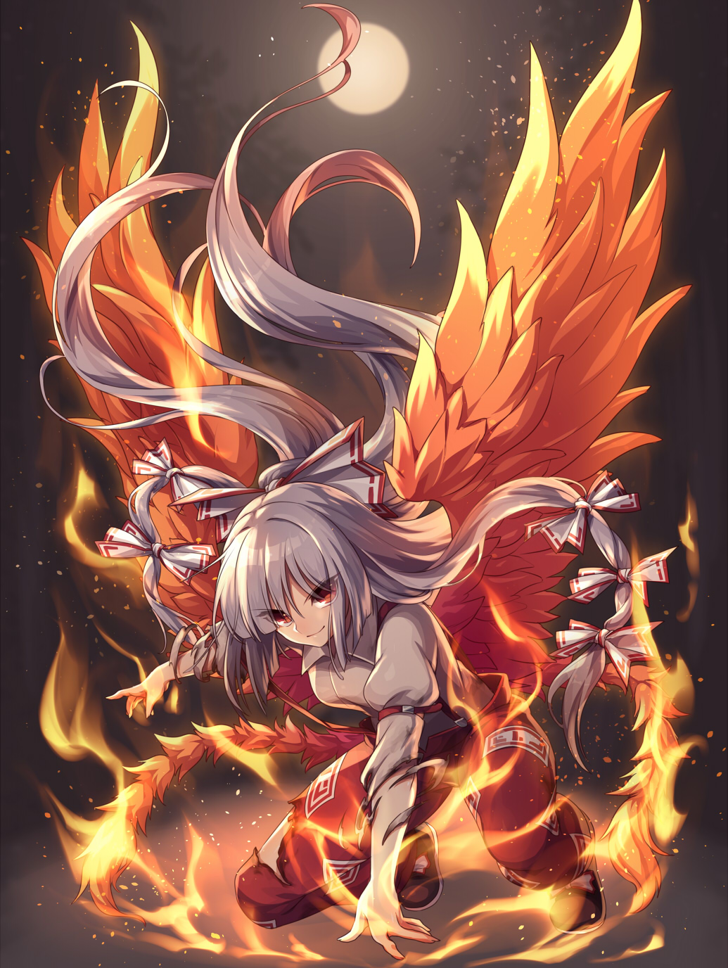 1girl armband bird_tail bird_wings brown_footwear commentary_request embers eyes_visible_through_hair feathers fire forest fujiwara_no_mokou full_body full_moon hair_blowing hair_ribbon hand_on_ground highres juliet_sleeves kozakura_(dictionary) long_hair long_sleeves looking_at_viewer moon nature night ofuda one_knee open_pants outdoors outstretched_hand pants ponytail puffy_sleeves red_eyes red_pants ribbon shirt sidelocks silver_hair smile suspenders torn_clothes torn_sleeves touhou very_long_hair white_shirt wings