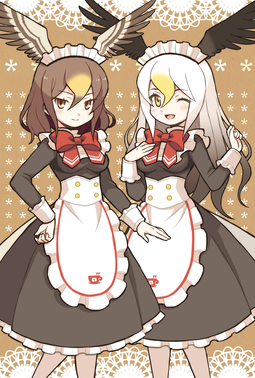 2girls alternate_costume apron bald_eagle_(kemono_friends) bird_wings black_dress blonde_hair blush bow brown_eyes brown_hair commentary_request dress enmaided eyebrows_visible_through_hair frilled_dress frills gradient_hair hair_between_eyes hand_on_hip hand_on_own_chest head_wings highres japari_symbol kemono_friends kemono_friends_3 long_hair long_sleeves maid maid_apron maid_dress maid_headdress multicolored_hair multiple_girls nama014 northern_goshawk_(kemono_friends) one_eye_closed open_mouth pantyhose red_neckwear short_hair sleeve_cuffs white_apron white_frills white_hair white_legwear wings yellow_eyes