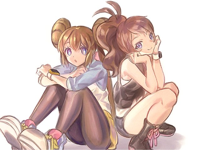 2girls ankea_(a-ramo-do) blue_eyes brown_hair cute mei_(pokemon) multiple_girls pokemon shoes touko_(pokemon) watch