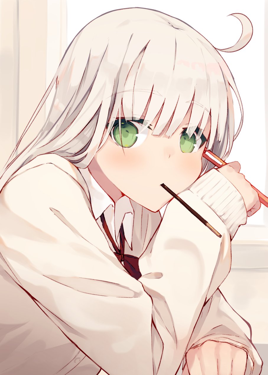 green_eyes highres nagishiro_mito original pencil platinum_blonde_hair pullover red_ribbon ribbon tagme