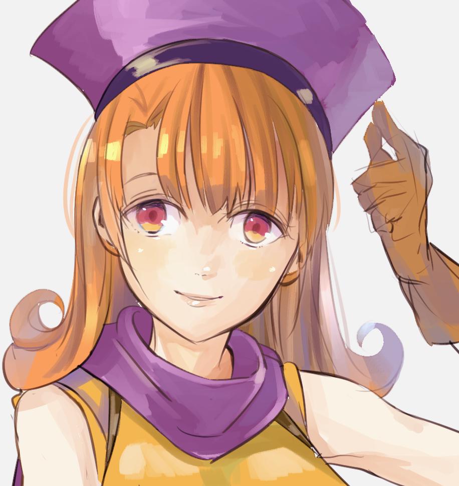 1girl alena_(dq4) breasts cape commentary_request curly_hair dragon_quest dragon_quest_iv gloves hat long_hair looking_at_viewer orange_hair red_eyes simple_background smile solo tokuhoncil tokuhonnti_ru