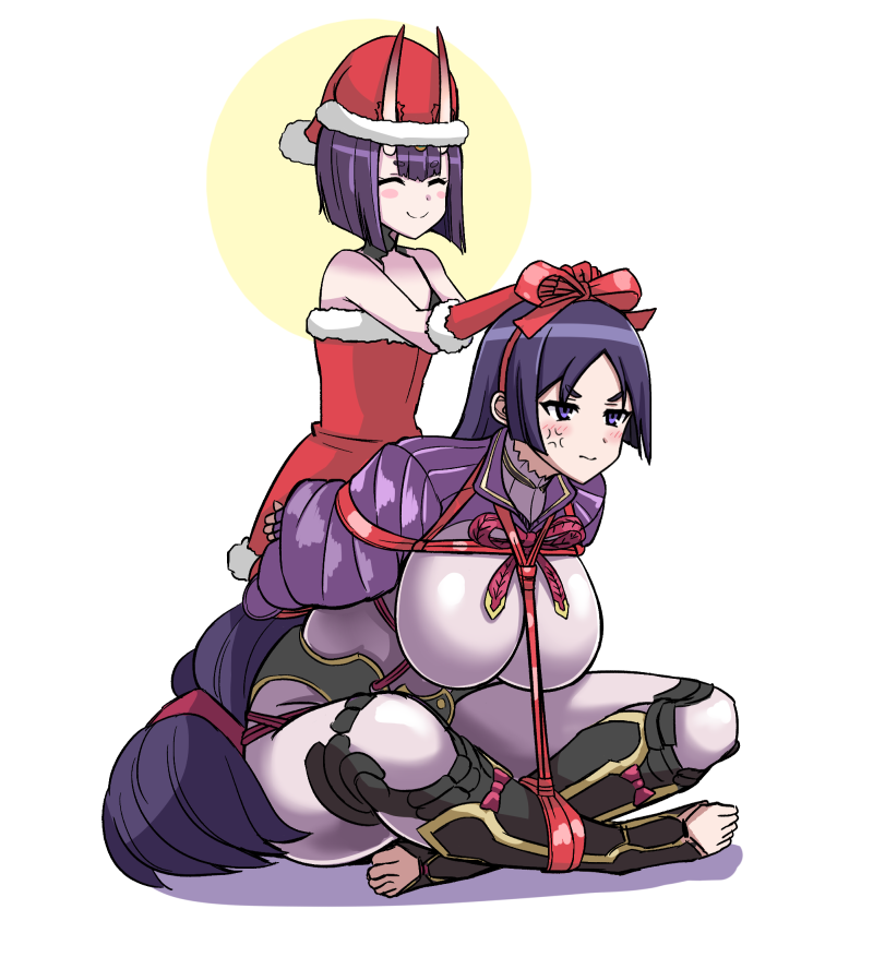 2girls anger_vein arms_behind_back bound bow breasts christmas closed_eyes commentary_request fate/grand_order fate_(series) gloves hat horns huge_breasts long_hair minamoto_no_raikou_(fate/grand_order) multiple_girls purple_hair restrained ribbon ribeiku santa_dress santa_hat short_hair shuten_douji_(fate/grand_order) smile tied_up toeless_legwear very_long_hair violet_eyes white_background