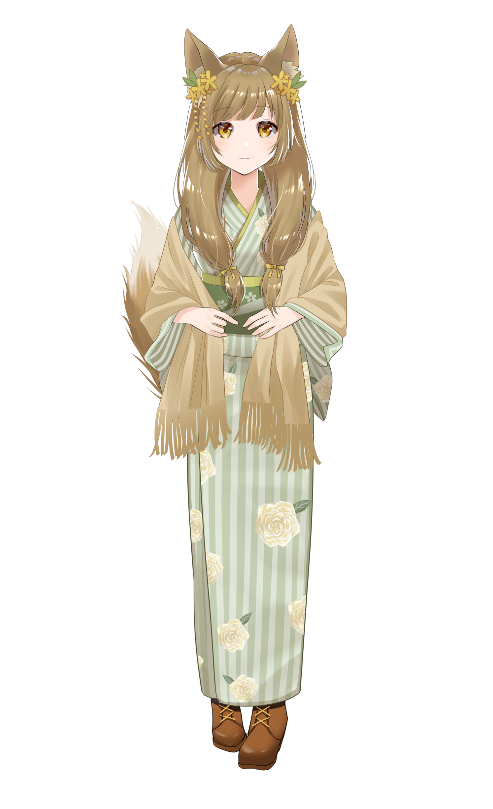 1girl animal_ears bangs blush brown_eyes brown_footwear brown_hair closed_mouth commentary_request copyright_request eyebrows_visible_through_hair floral_print flower fox_ears fox_girl fox_tail fringe_trim full_body green_kimono hair_flower hair_ornament highres japanese_clothes kimono long_hair myusha obi print_kimono sash shawl simple_background smile solo standing striped tail vertical-striped_kimono vertical_stripes virtual_youtuber white_background