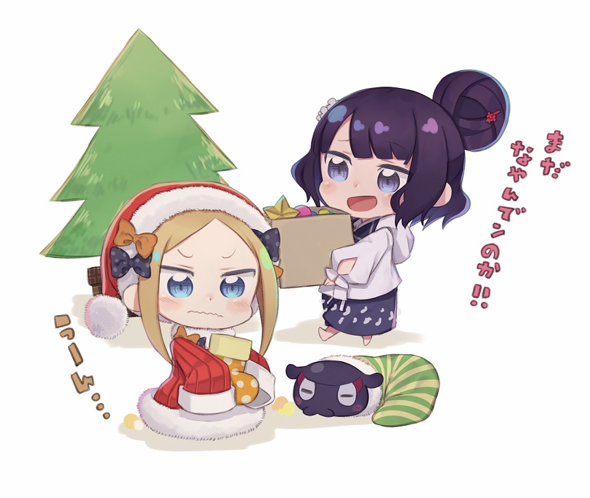 2girls :d abigail_williams_(fate/grand_order) alternate_color animal bangs barefoot black_bow black_dress blonde_hair blue_eyes blush bow box chibi christmas christmas_ornaments christmas_stocking christmas_tree closed_mouth dress eyebrows_visible_through_hair fate/grand_order fate_(series) fur-trimmed_dress fur-trimmed_hat grey_jacket hair_bow hair_bun hat holding holding_box hood hood_down hooded_jacket jacket katsushika_hokusai_(fate/grand_order) long_sleeves multiple_girls octopus open_mouth orange_bow outstretched_arms parted_bangs polka_dot polka_dot_bow puffy_long_sleeves puffy_sleeves purple_hair red_dress red_headwear santa_costume santa_hat shadow sidelocks sitting sleeves_past_fingers sleeves_past_wrists smile standing tokitarou_(fate/grand_order) totatokeke translation_request v-shaped_eyebrows violet_eyes wavy_mouth white_background