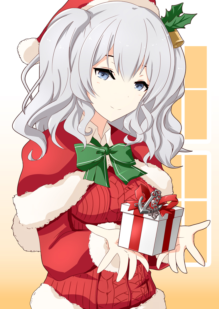 1girl alternate_costume anchor blue_eyes box capelet commentary_request fur-trimmed_capelet fur_trim gift gift_box gradient gradient_background gudon_(iukhzl) hat kantai_collection kashima_(kantai_collection) long_hair looking_at_viewer red_capelet red_headwear red_sweater santa_hat sidelocks silver_hair solo sweater twintails upper_body wavy_hair