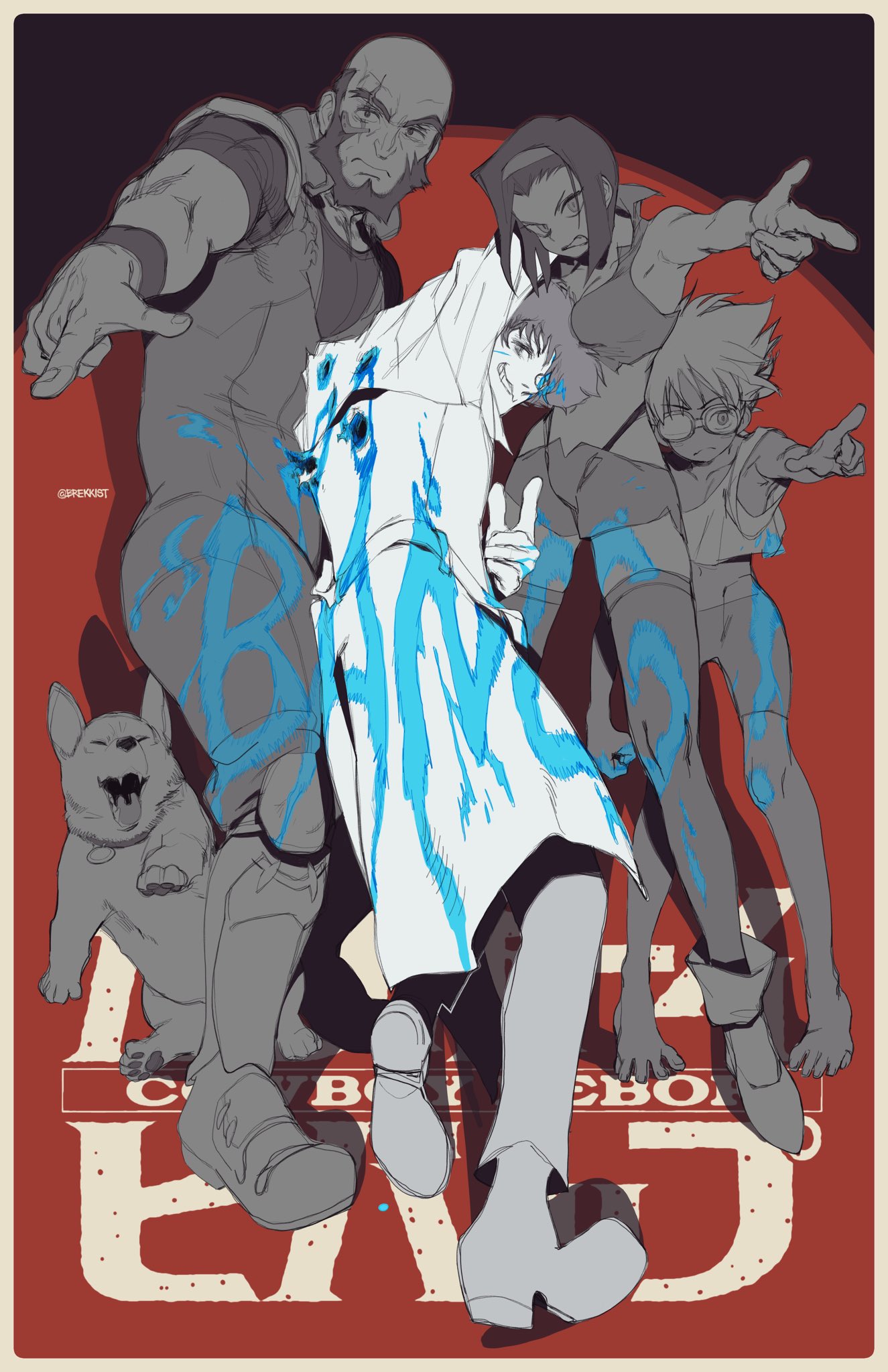 2boys 2girls animal bald bleeding blood blood_on_face bloody_clothes blue_blood boots brekkist bullet_hole closed_eyes closed_mouth coat collar cowboy_bebop dog edward_wong_hau_pepelu_tivrusky_iv facial_hair faye_valentine goggles highres injury jet_black looking_back medium_hair multiple_boys multiple_girls muscle navel open_eyes open_mouth parted_lips pointing scar scar_across_eye smile spike_spiegel teeth tight torn_clothes veins welsh_corgi