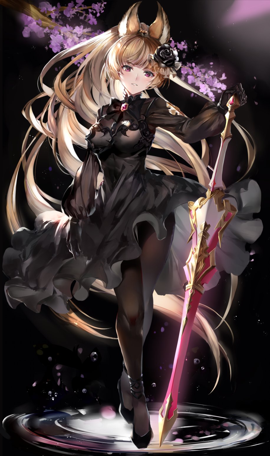 1girl animal_ears bangs black_background black_dress black_footwear black_gloves black_legwear blush bow breasts brown_hair cherry_blossoms commentary_request dress erune eyebrows_visible_through_hair full_body gem gloves gradient gradient_background granblue_fantasy hair_ornament highres hinahino jewelry long_hair long_sleeves looking_at_viewer medium_breasts pantyhose parted_lips petals ponytail shoes simple_background solo standing sword tied_hair tree_branch violet_eyes water water_drop weapon yuisis_(granblue_fantasy)