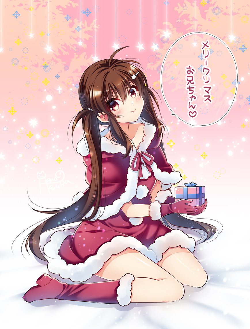 1girl blush boots box brown_eyes brown_hair capelet commentary_request dress eyebrows_visible_through_hair fur-trimmed_boots fur-trimmed_capelet fur-trimmed_dress fur-trimmed_gloves fur_trim gift gift_box gloves hair_between_eyes hano_haruka holding holding_gift long_hair looking_at_viewer original red_capelet red_dress red_footwear red_gloves santa_costume sitting smile solo translated twintails very_long_hair wariza