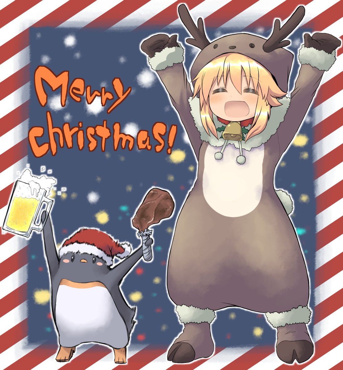 alcohol animal_costume beer beer_mug bell bird blonde_hair blush blush_stickers christmas costume food hat highres hijikata-san_(m.m) koshirae_tsurugi m.m meat original penguin reindeer_costume santa_hat sidelocks smile